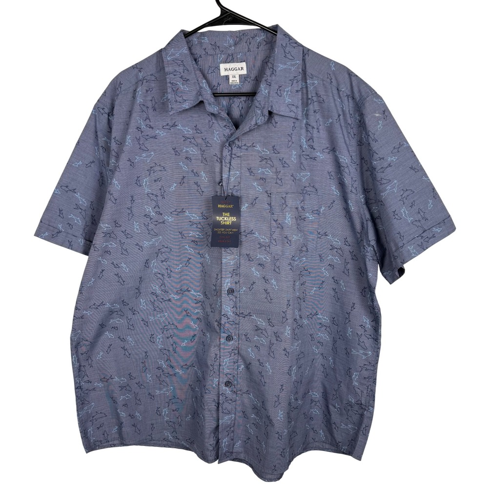 Haggar Mens‎ Tuckless Shirt Short Sleeve Shark Print Button Up Casual Shirt- XXL